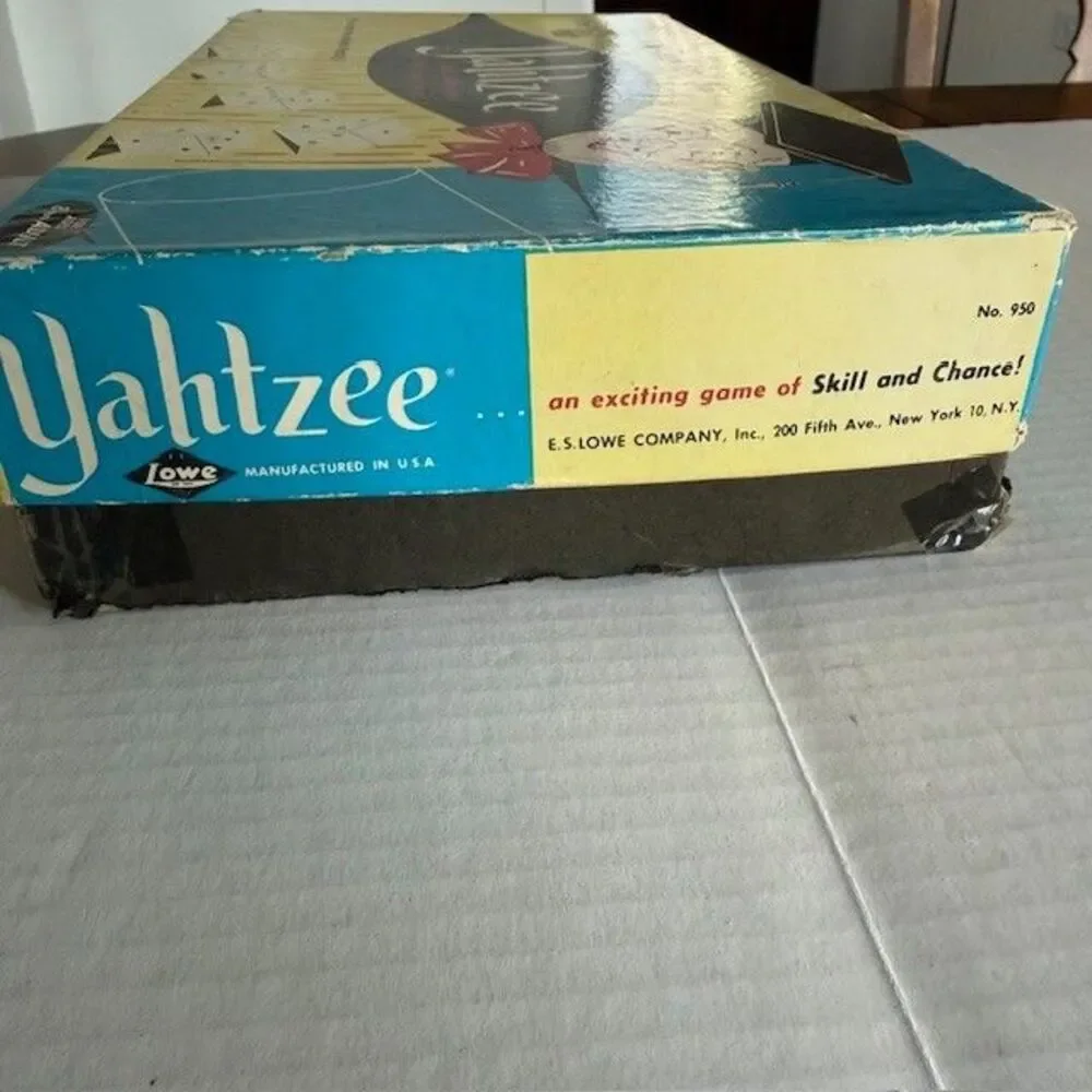 VINTAGE 1956 LOWE Yahtzee GAME and Yahtzee score pads Dice Original Box #950